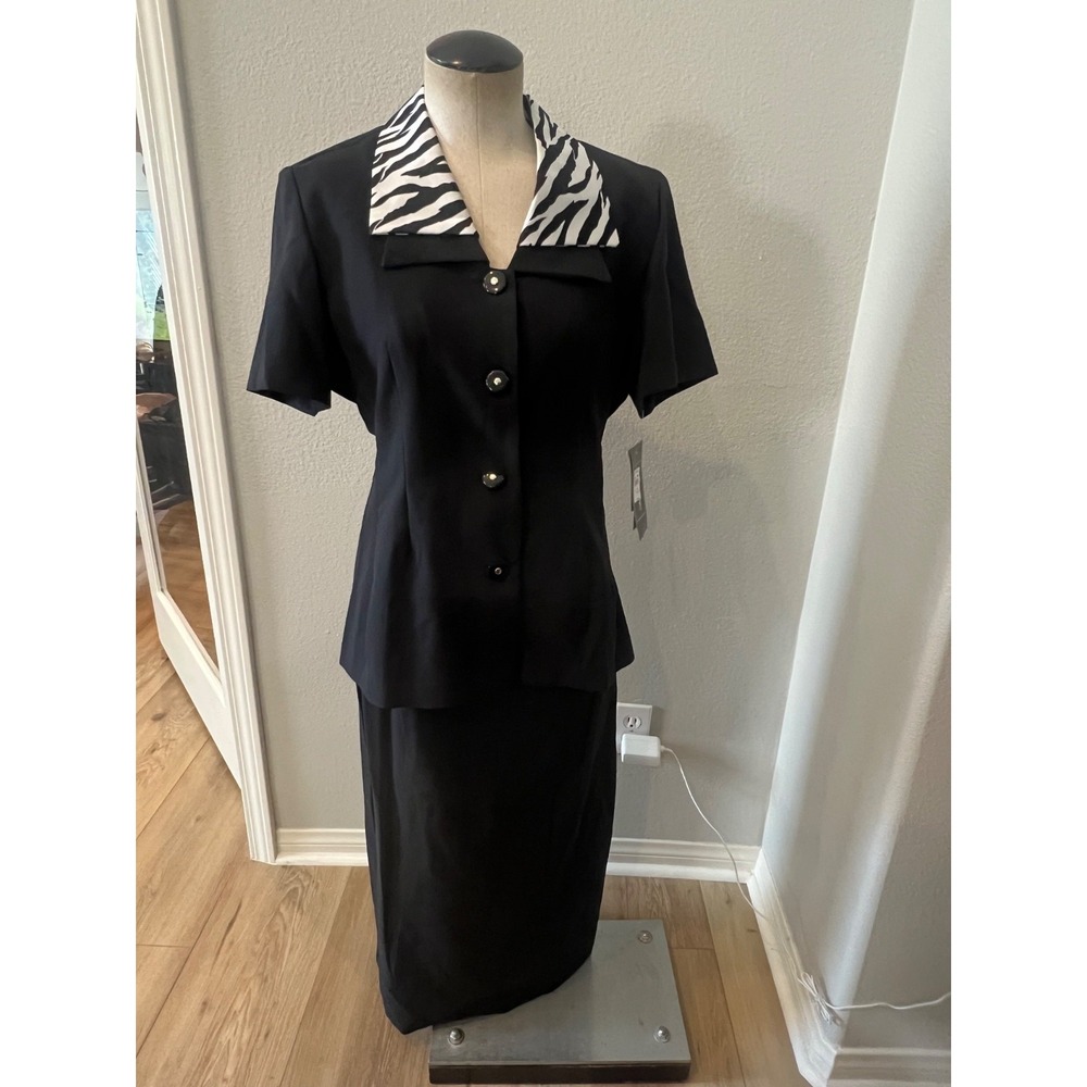 Sweet Suit Womens Size 8 Black Skirt Suit Zebra Collar 2 Piece Vintage NWT